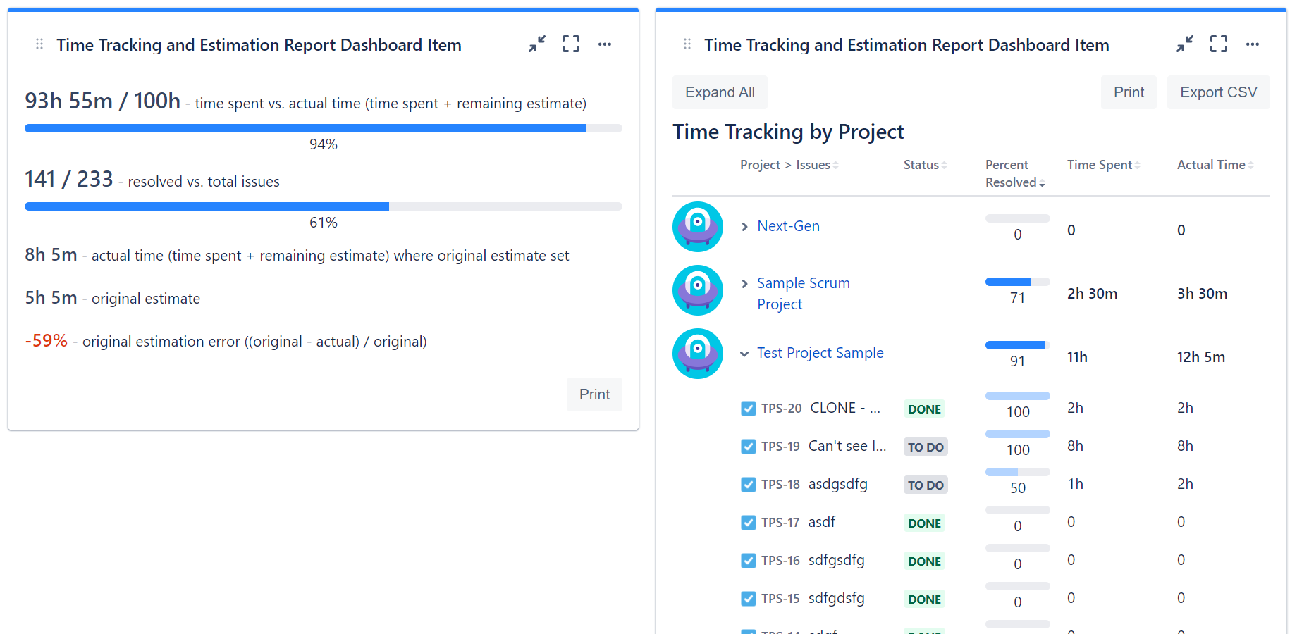 Time Tracking & Estimation Report Dashboard Gadget for Jira Atlassian